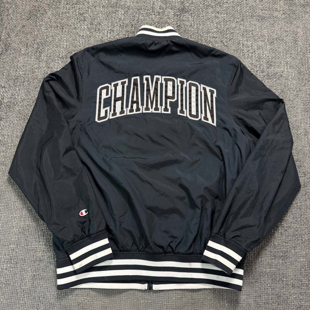 Champion Bomber Jacket Mens Medium Black Big C Logo Varsity Striped Trim